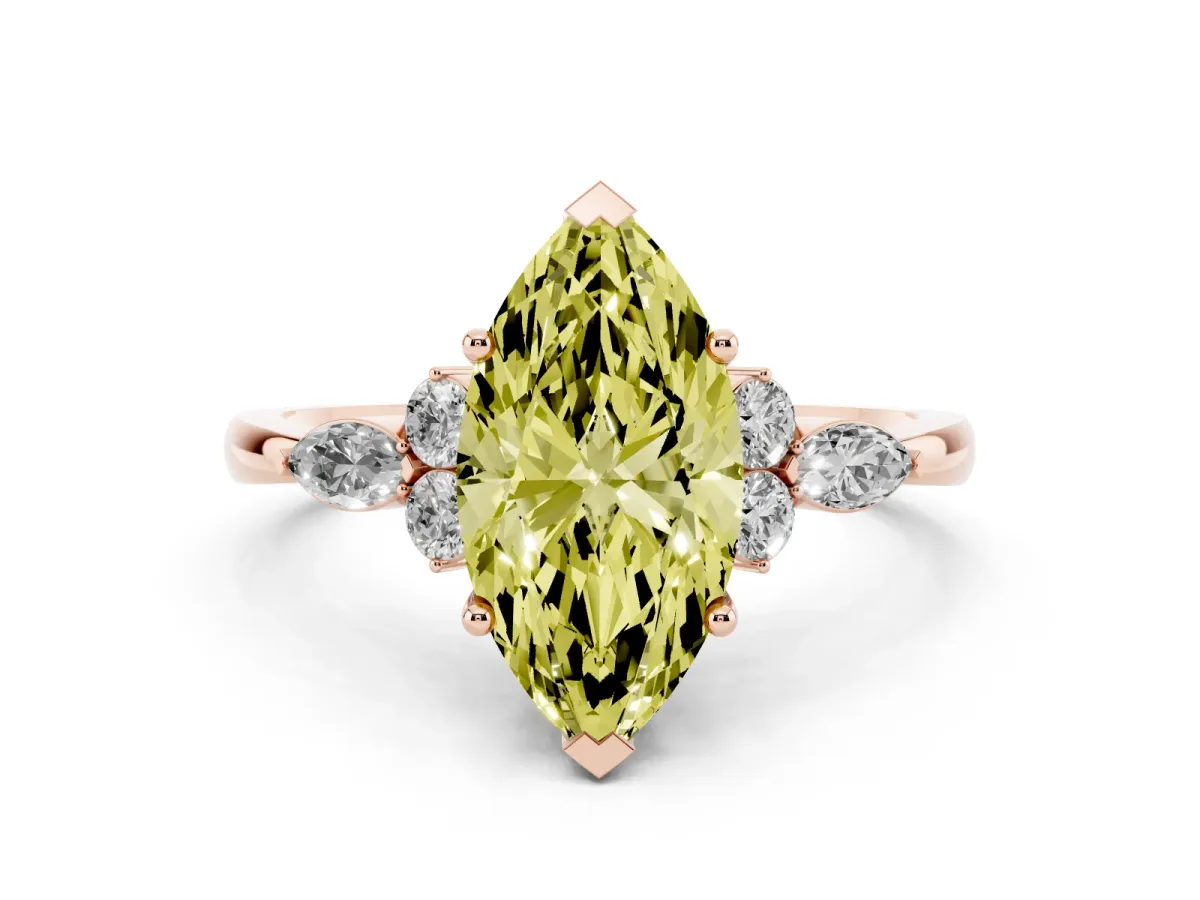 Fancy Yellow Marquise Cut Brilliant Diamond Solitaire Ring with Pear Side Stones and Four-Prong Setting Rose gold