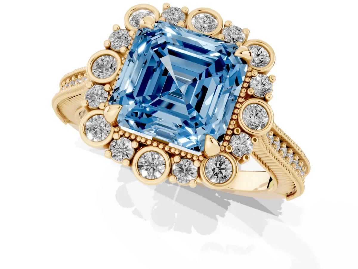 Fancy Blue Asscher Cut Halo Milgrain Pave Diamond Ring with Four-Prong Setting Yellow gold