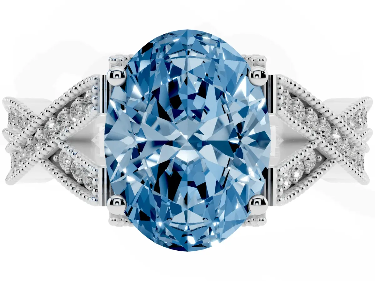 Fancy Blue Oval Cut Cut Diamond Twisted Band with Milgrain Pave Setting and Four-Prong Setting Silver