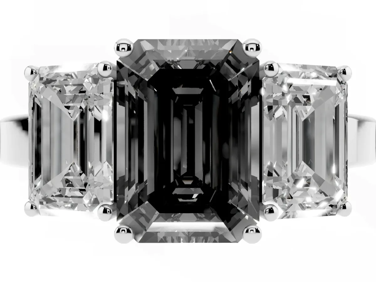 Fancy Black Three-Stone Emerald Cut Cut Diamond Engagement Ring with Flat Band and Four-Prong Setting Platinum