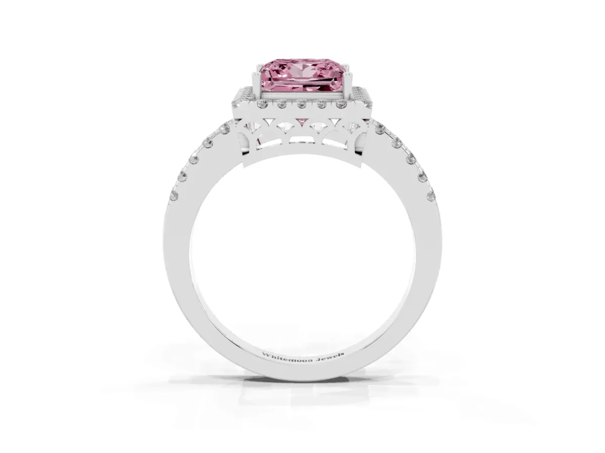 Fancy Pink Princess Cut Halo Diamond Engagement Ring with Pavé Band and Four-Prong Setting Silver