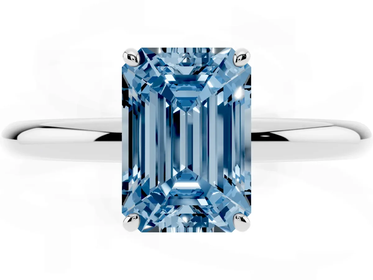 Fancy Blue Emerald Cut Solitaire Diamond Ring with Four-Prong Setting on a Plain Band White gold