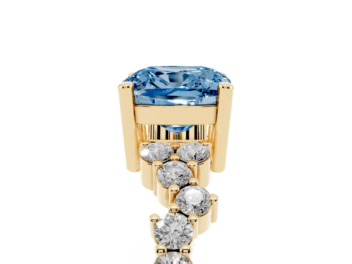 Fancy Blue Cushion Cut Diamond Scattered Round Accent Ring with Prong Setting Yellow gold
