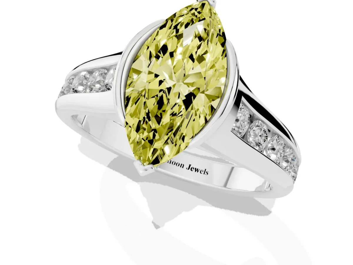 Fancy Yellow Marquise Cut Solitaire Bezel-Set Diamond Ring with Channel-Set Band Silver
