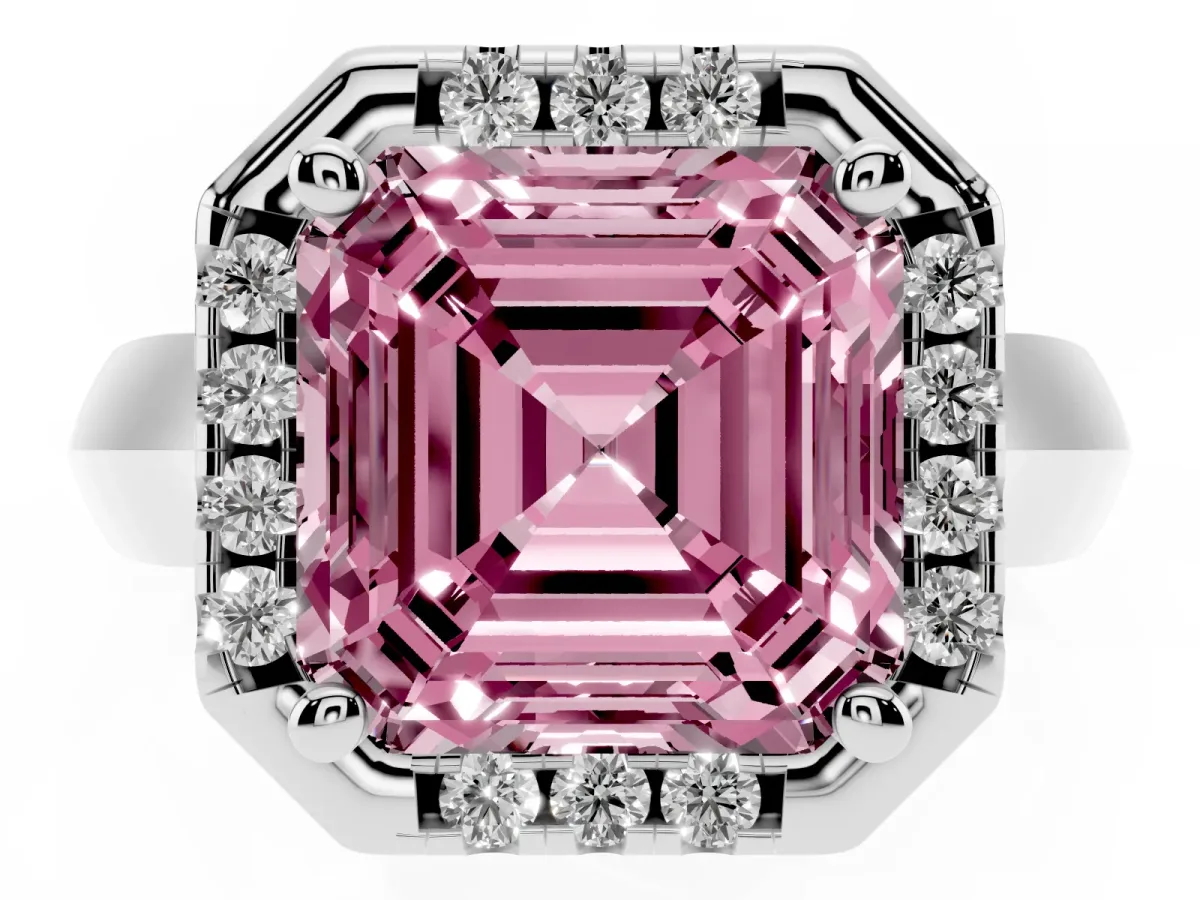 Fancy Pink Asscher Cut Cut Halo Solitaire Engagement Ring with Square Band and Four-Prong Setting Platinum