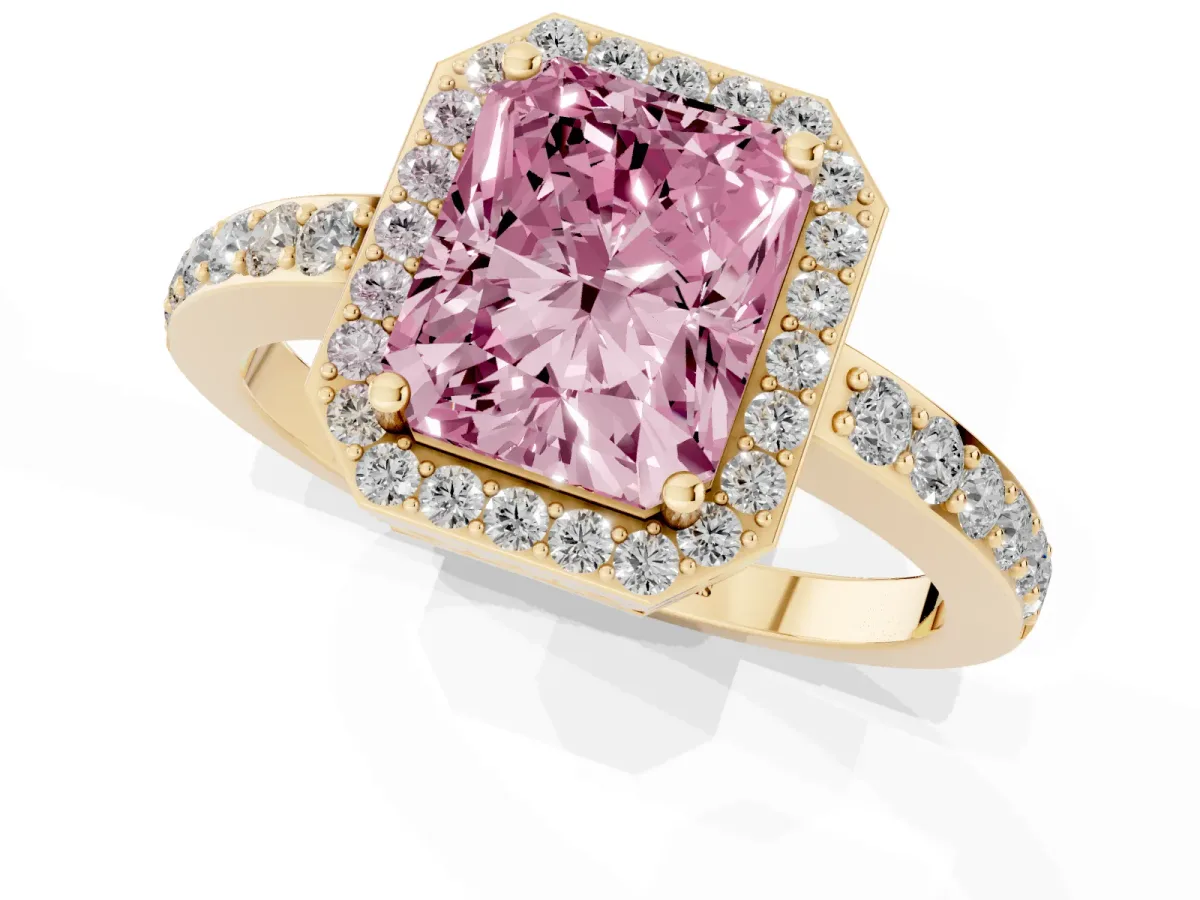 Fancy Pink Radiant Cut Halo Diamond Pavé Band Ring with Prong Setting Yellow gold