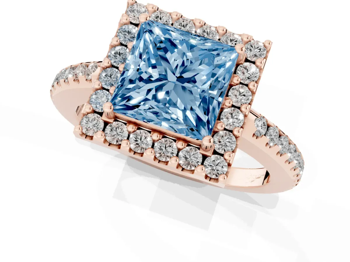 Fancy Blue Princess Cut Diamond Pavé Halo Ring with Four-Prong Setting Rose gold