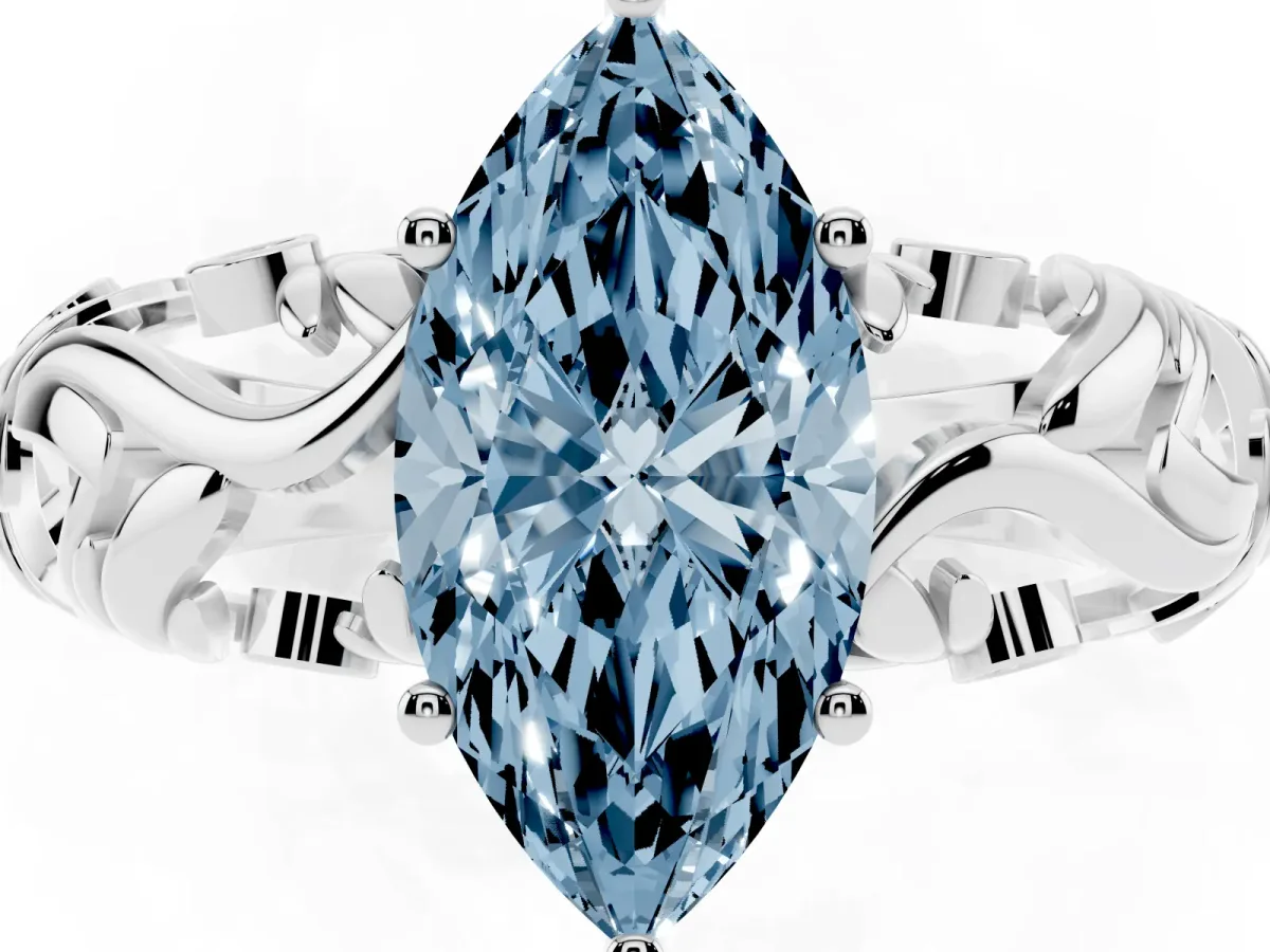 Fancy Blue Marquise Cut Solitaire Diamond Leaf-Inspired Vine Band Ring with Prong Setting Silver