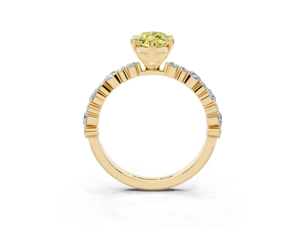Fancy Yellow Marquise Cut Diamond Side Stone Solitaire Ring with Round and Four-Prong Setting Yellow gold