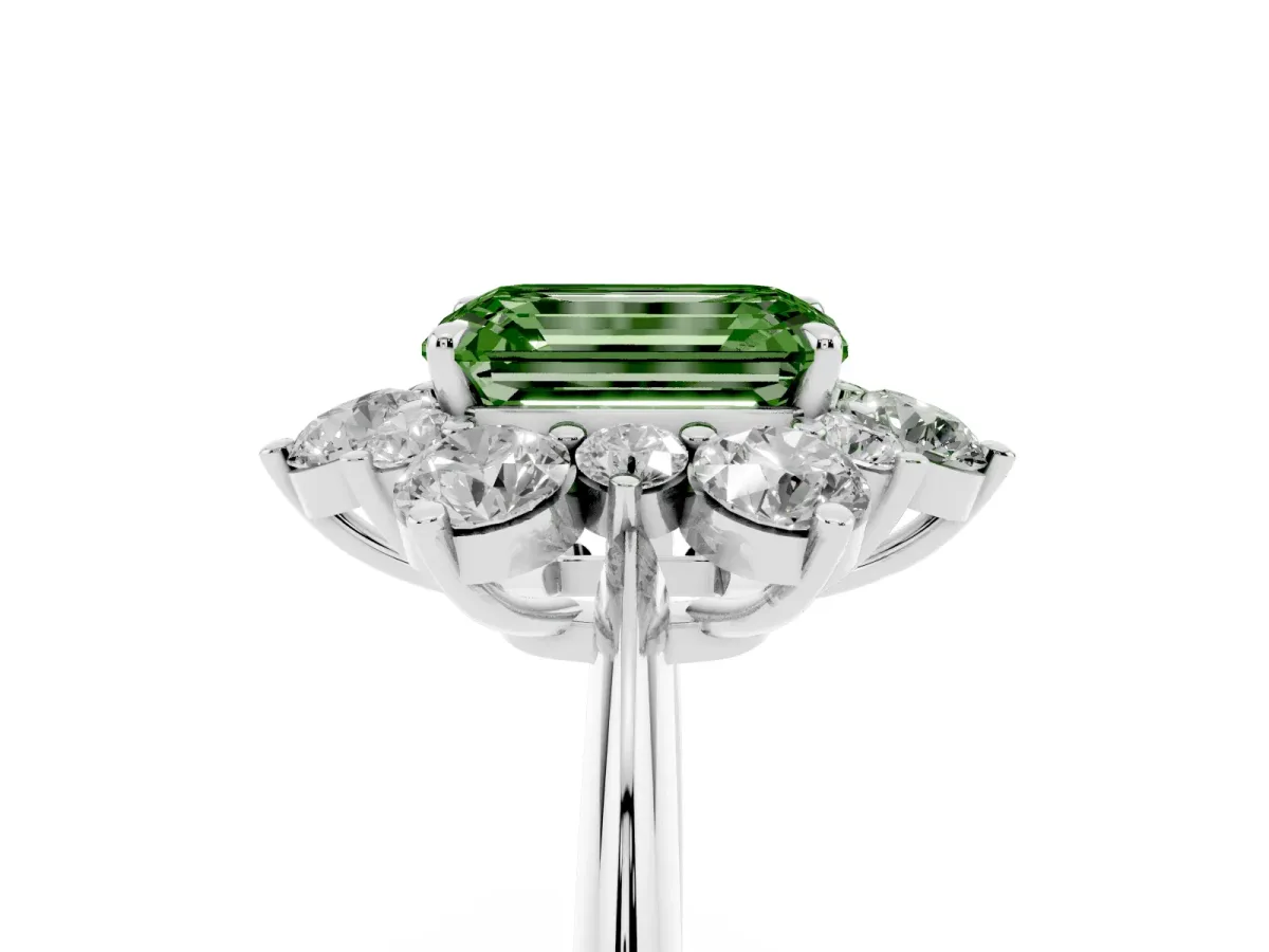 Fancy Green Emerald Cut Diamond Cluster Halo Ring with Solitaire Band and Four-Prong Setting Silver