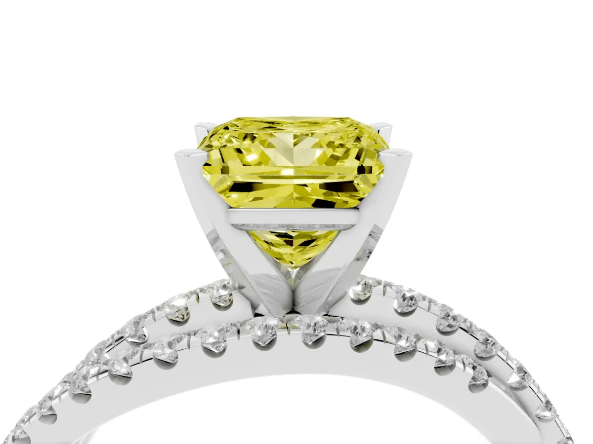 Fancy Yellow Princess Cut Solitaire Twist Band with Pavé Setting and Four-Prong Setting Silver