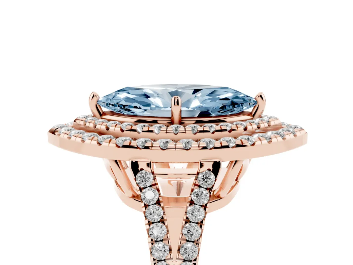 Fancy Blue Marquise Cut Diamond Double Halo Ring with Pavé Band and Prong Setting Rose gold
