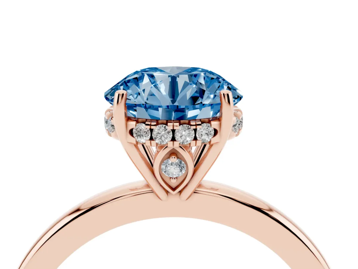 Fancy Blue Round Cut Solitaire Diamond Ring with Prong Setting and Plain Band Rose gold