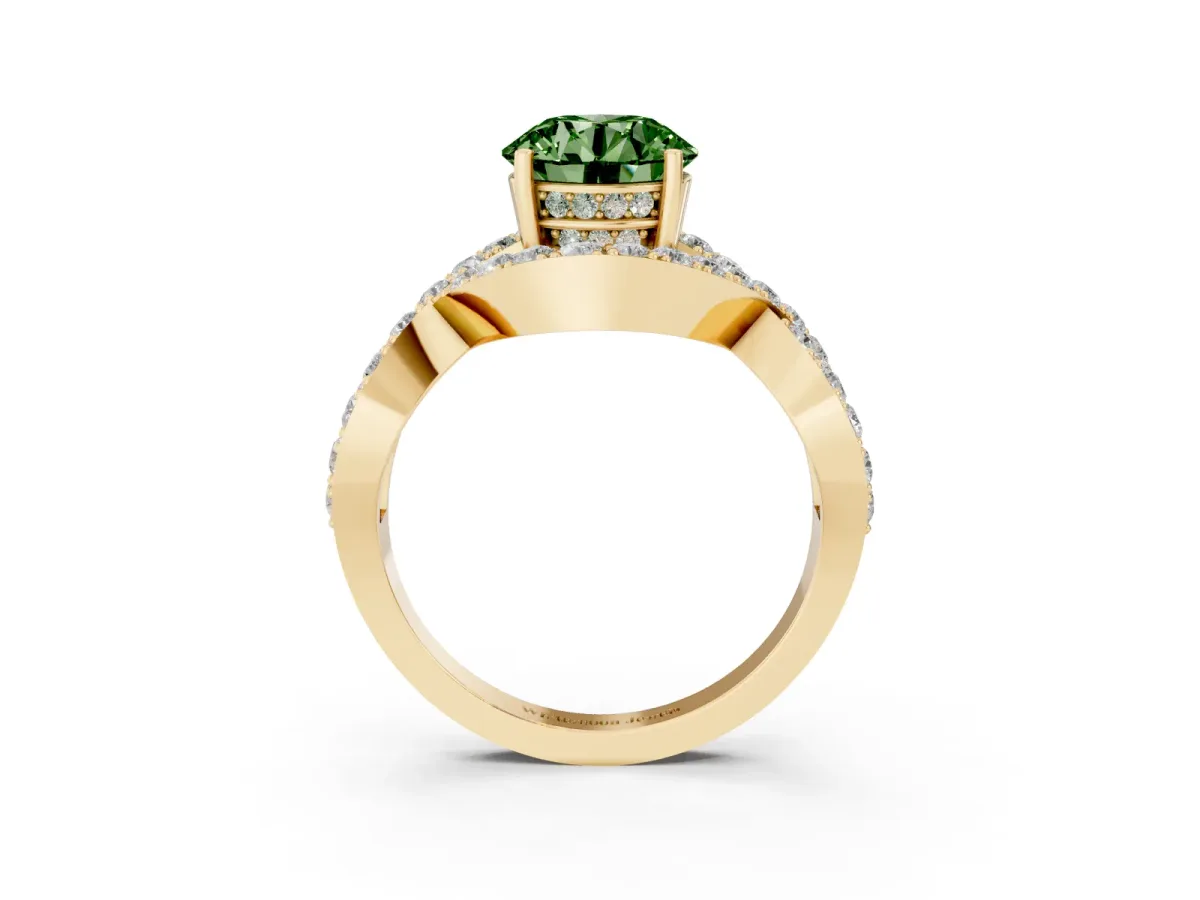 Fancy Green Round Cut Solitaire Twist Band Pavé Diamond Engagement Ring Yellow gold