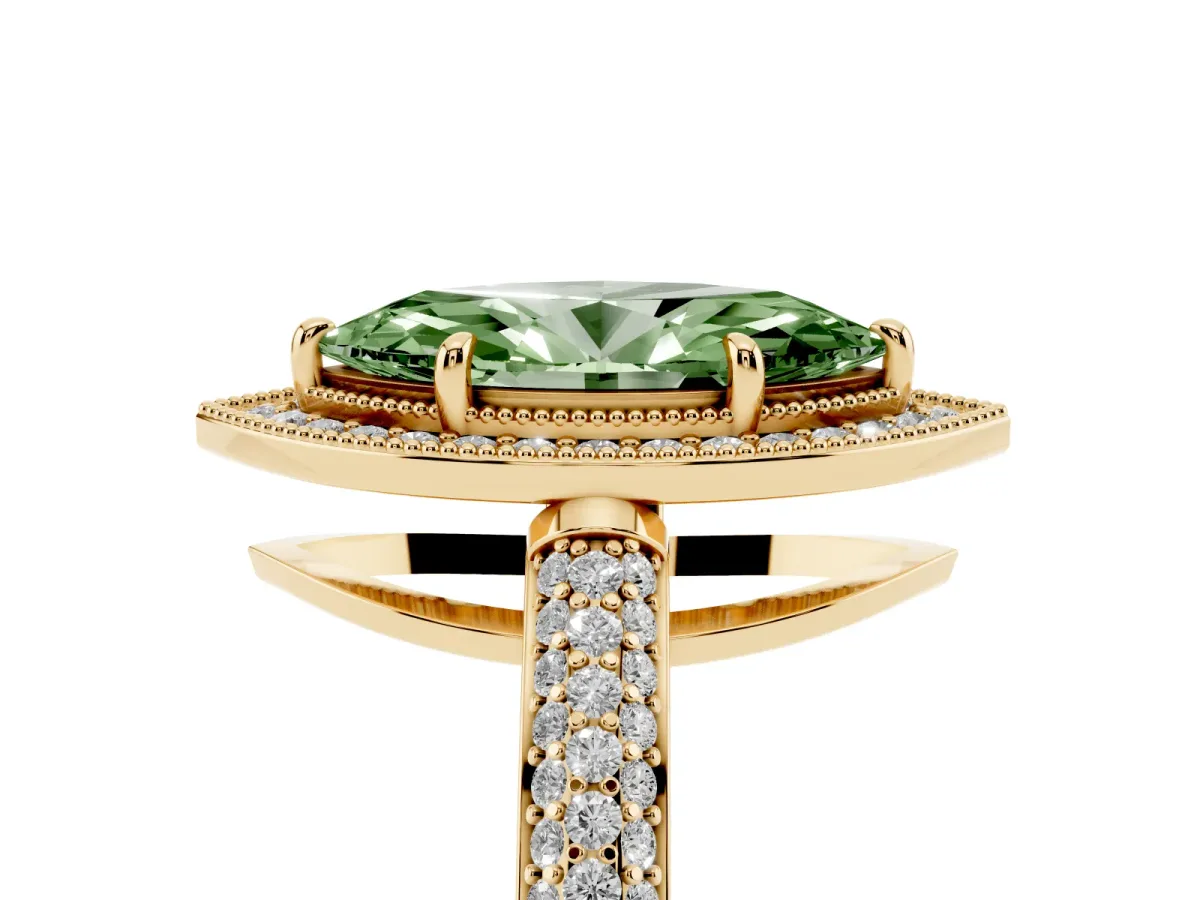 Fancy Green Marquise Cut Cut Halo Diamond Pave Band with Four-Prong Setting Yellow gold