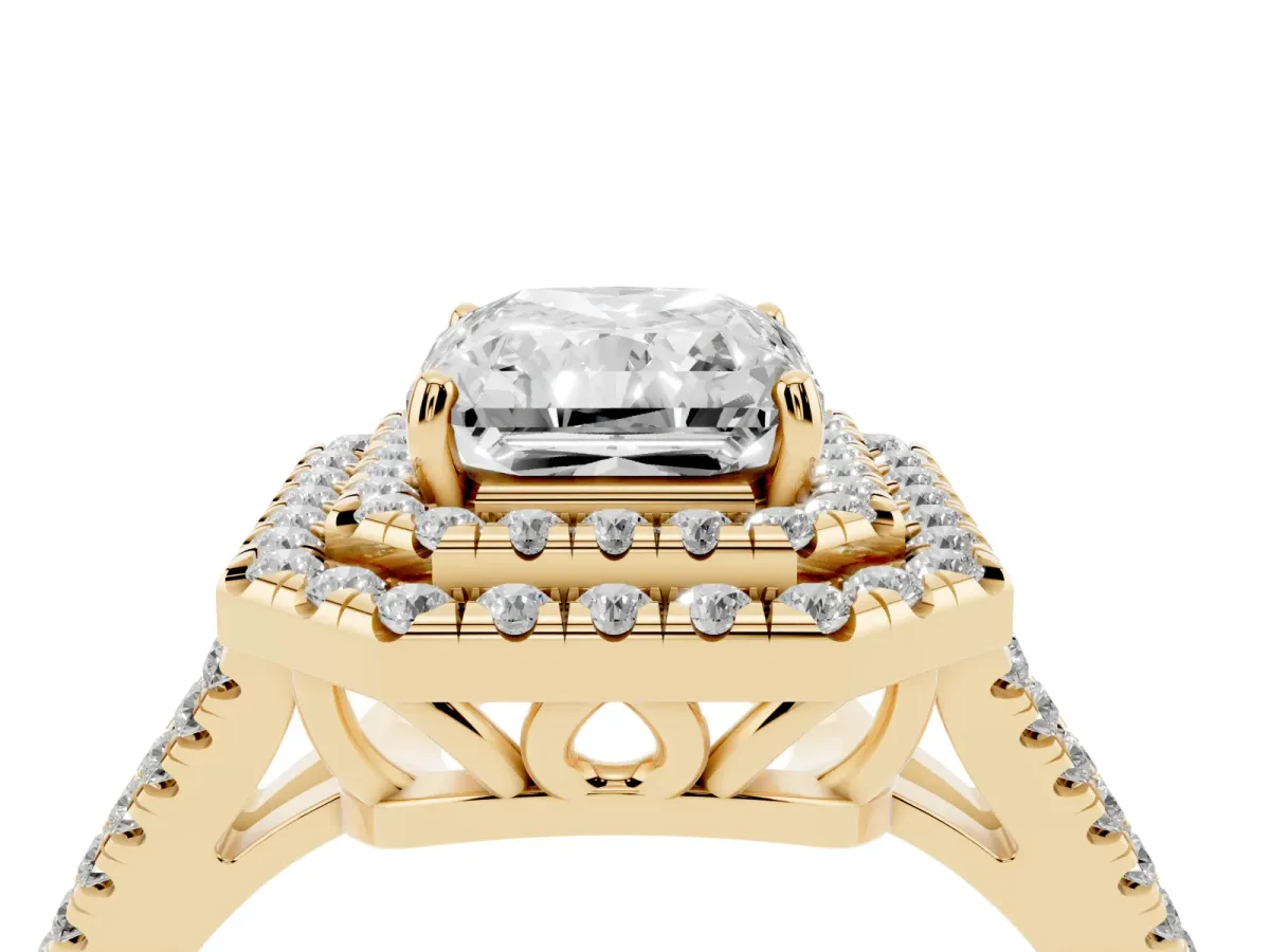 Radiant Cut Diamond Double Halo Ring with Pavé Band and Prong Setting Yellow gold