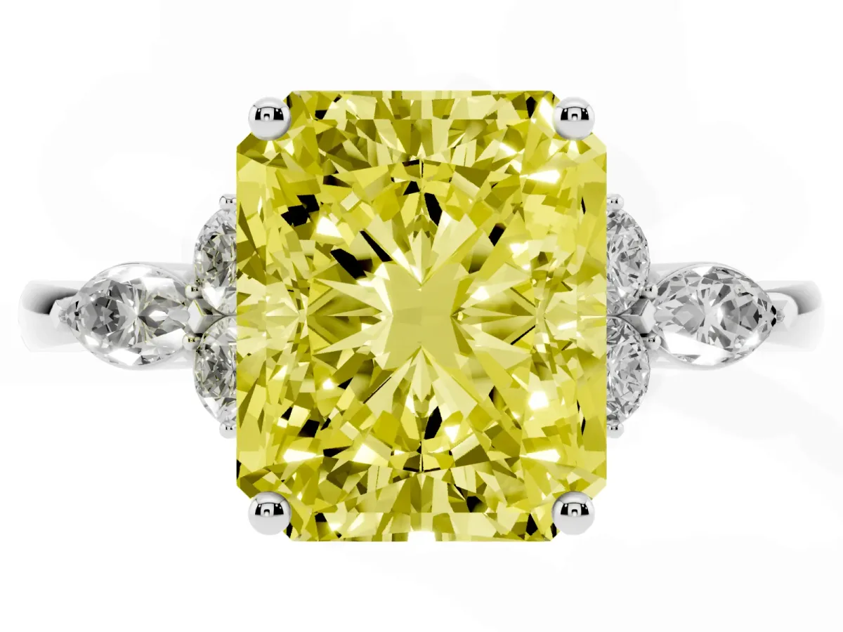 Fancy Yellow Radiant Cut Brilliant Diamond Solitaire Ring with Pear Side Stones and Four-Prong Setting Platinum