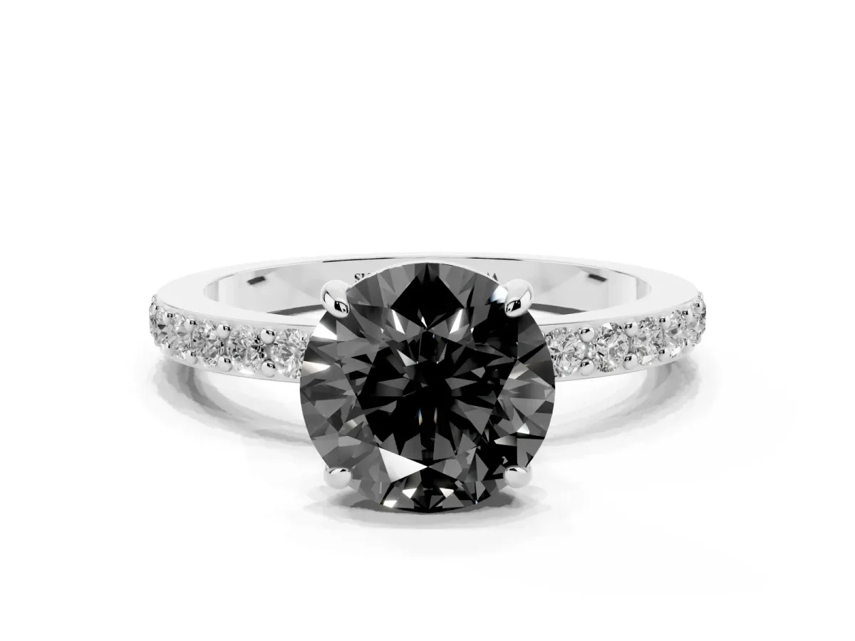 Fancy Black Round Cut Diamond Pavé Engagement Ring with Round Accents and Prong Setting Silver