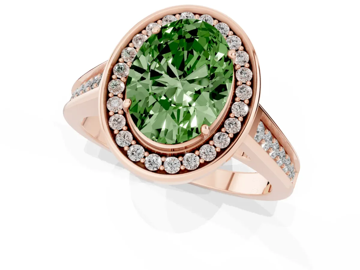 Fancy Green Oval Cut Halo Solitaire Diamond Ring with Pave Band and Bezel Setting Rose gold