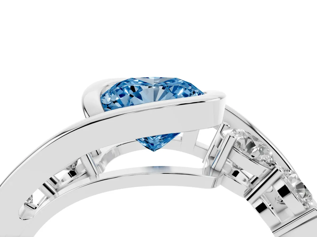 Fancy Blue Bezel Set Cushion Cut Diamond Bypass Ring with Round Accents Silver
