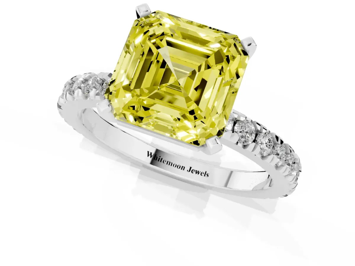 Fancy Yellow Asscher Cut Diamond Pavé Band Solitaire with Four-Prong Setting Silver