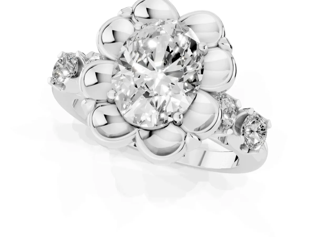 Oval Cut Cut Diamond Floral Halo Engagement Ring with Shared Prong Setting Platinum