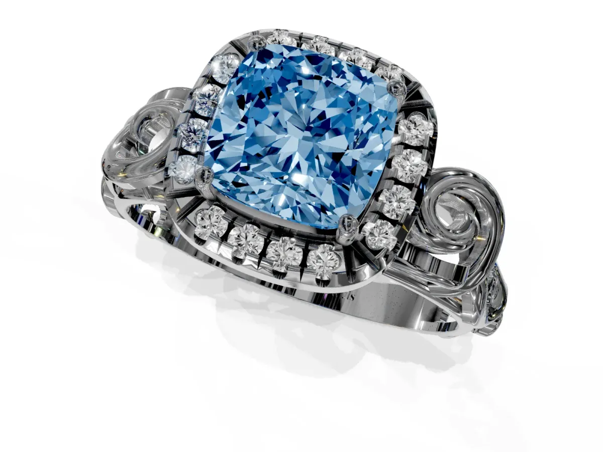 Fancy Blue Cushion Cut Cut Halo Diamond Ring with Scrollwork Band and Four-Prong Setting Silver