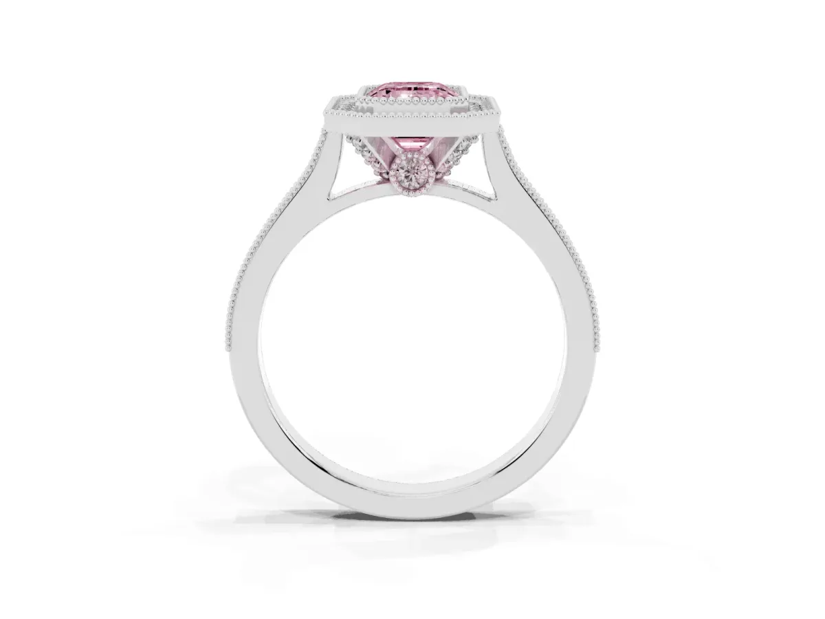 Fancy Pink Halo Emerald Cut-Cut Diamond Pave Band Milgrain Prong Setting Ring Silver