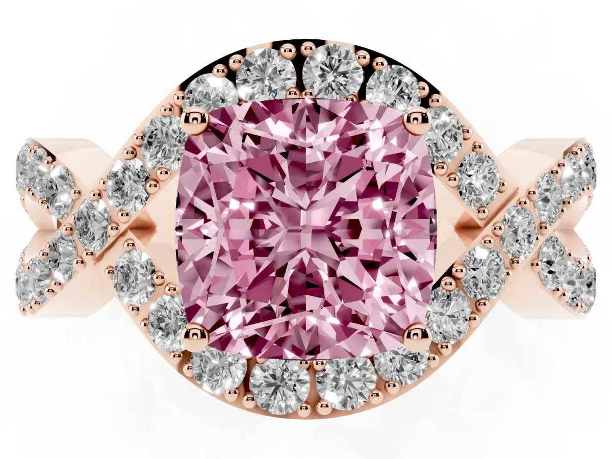 Fancy Pink Cushion Cut Solitaire Twist Band Pavé Diamond Engagement Ring Rose gold