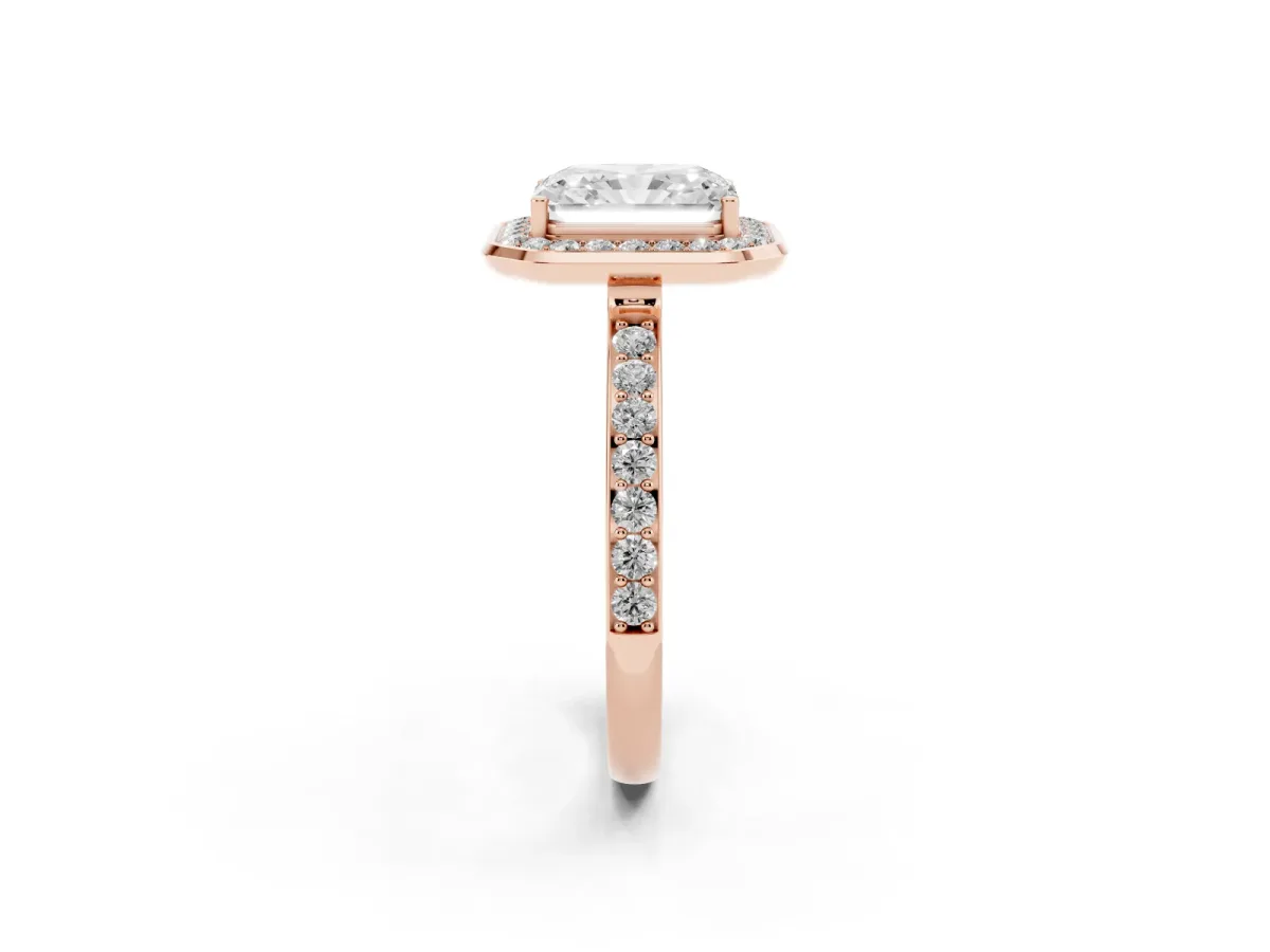 Radiant Cut Diamond Halo Ring with Bezel Frame and Pavé Band Rose gold