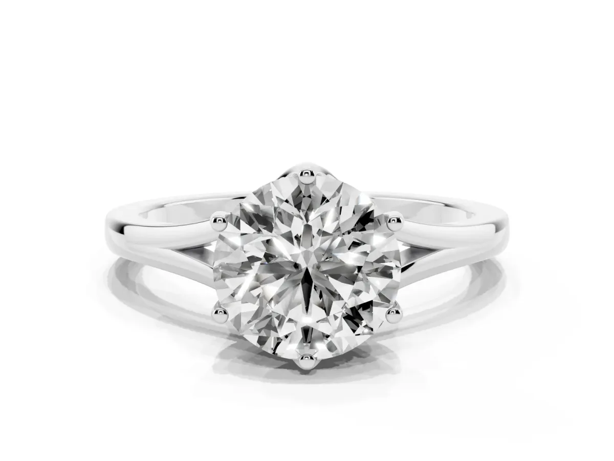 Round Cut Solitaire Diamond Ring with Six-Prong Setting and Tapered Band White gold