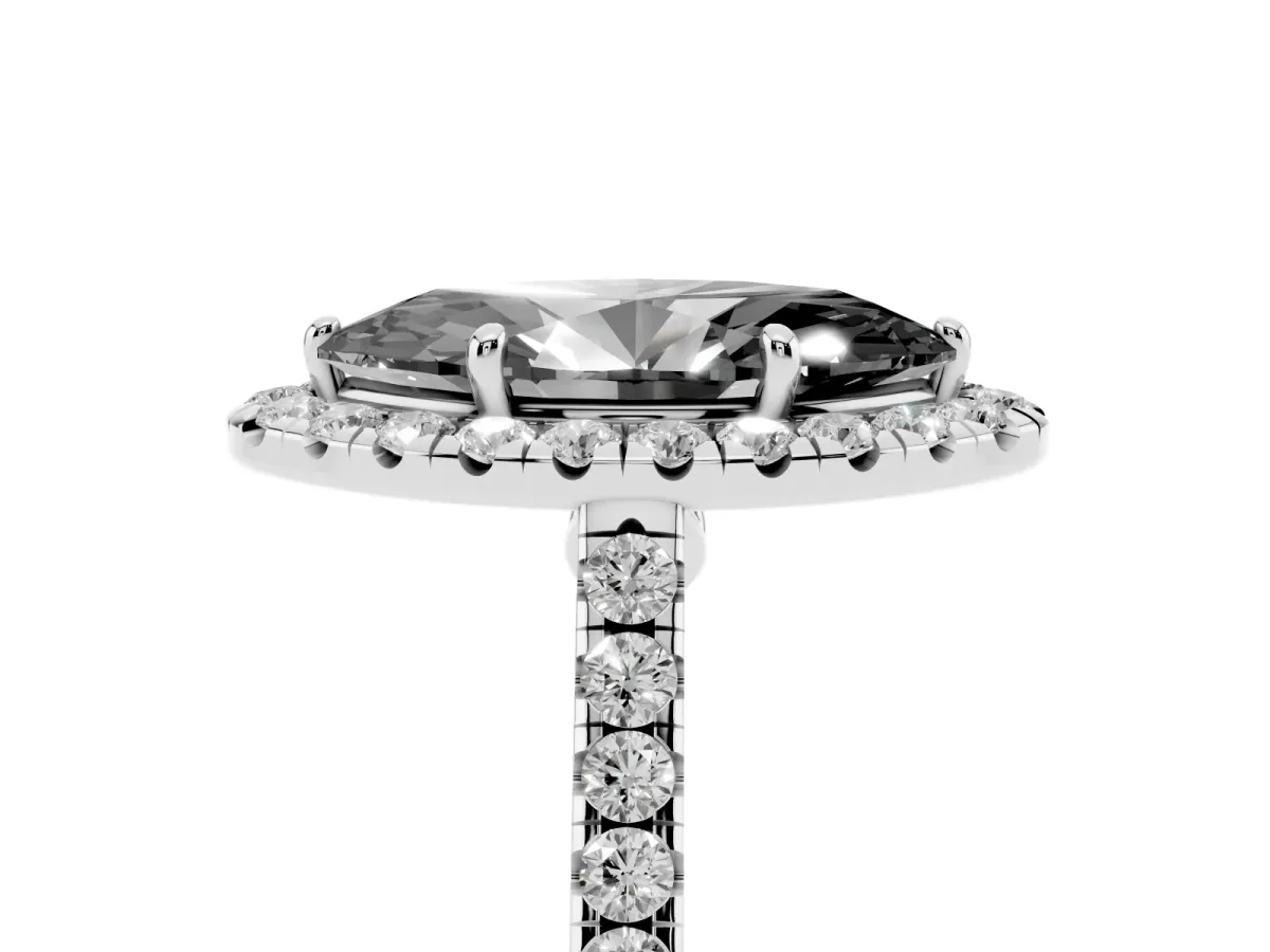 Fancy Black Marquise Cut Halo Pave Diamond Engagement Ring with Four-Prong Setting Platinum