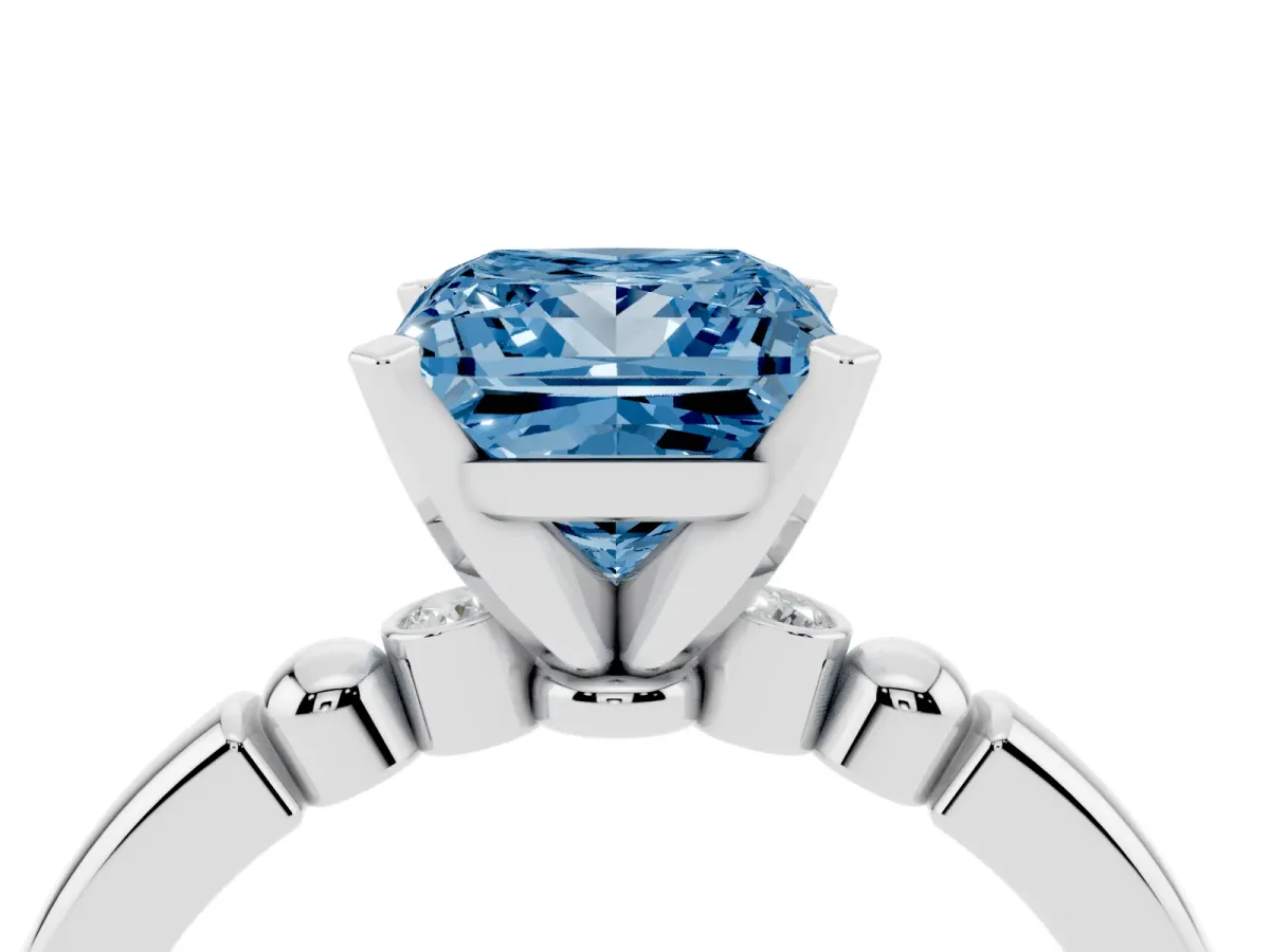 Fancy Blue Princess Cut Solitaire Beaded Band with Four-Prong Setting White gold