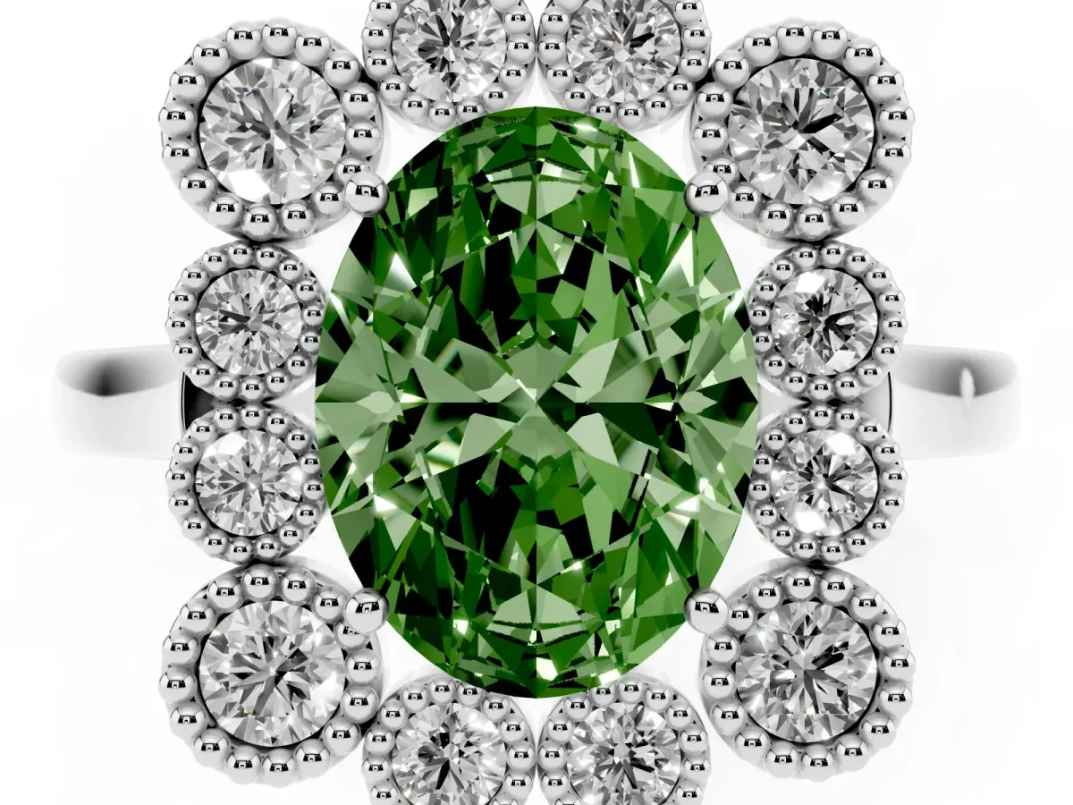 Fancy Green Oval Cut Halo Diamond Cluster Engagement Ring with Milgrain Bezel Setting and Solitaire Band Silver