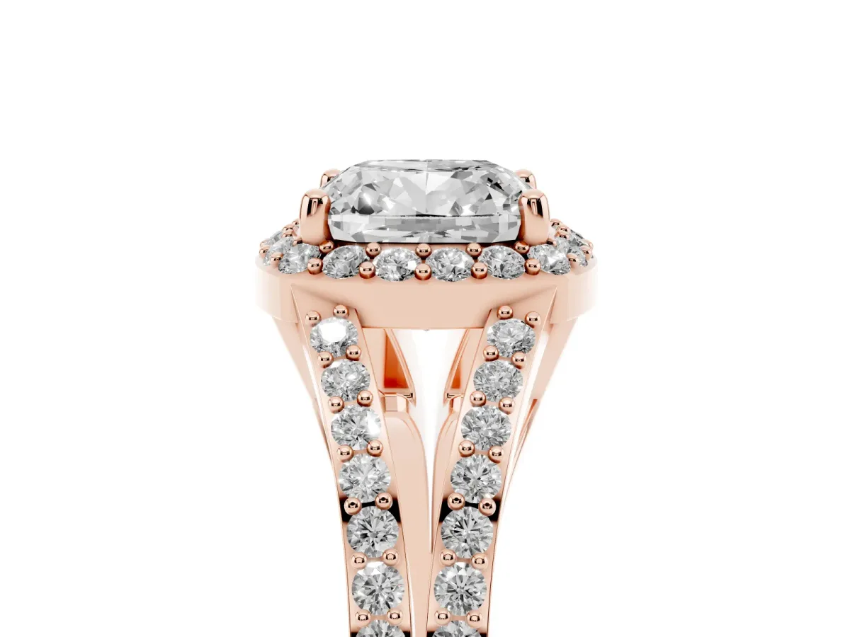 Cushion Cut Halo Split Shank Diamond Ring with Prong Setting Rose gold