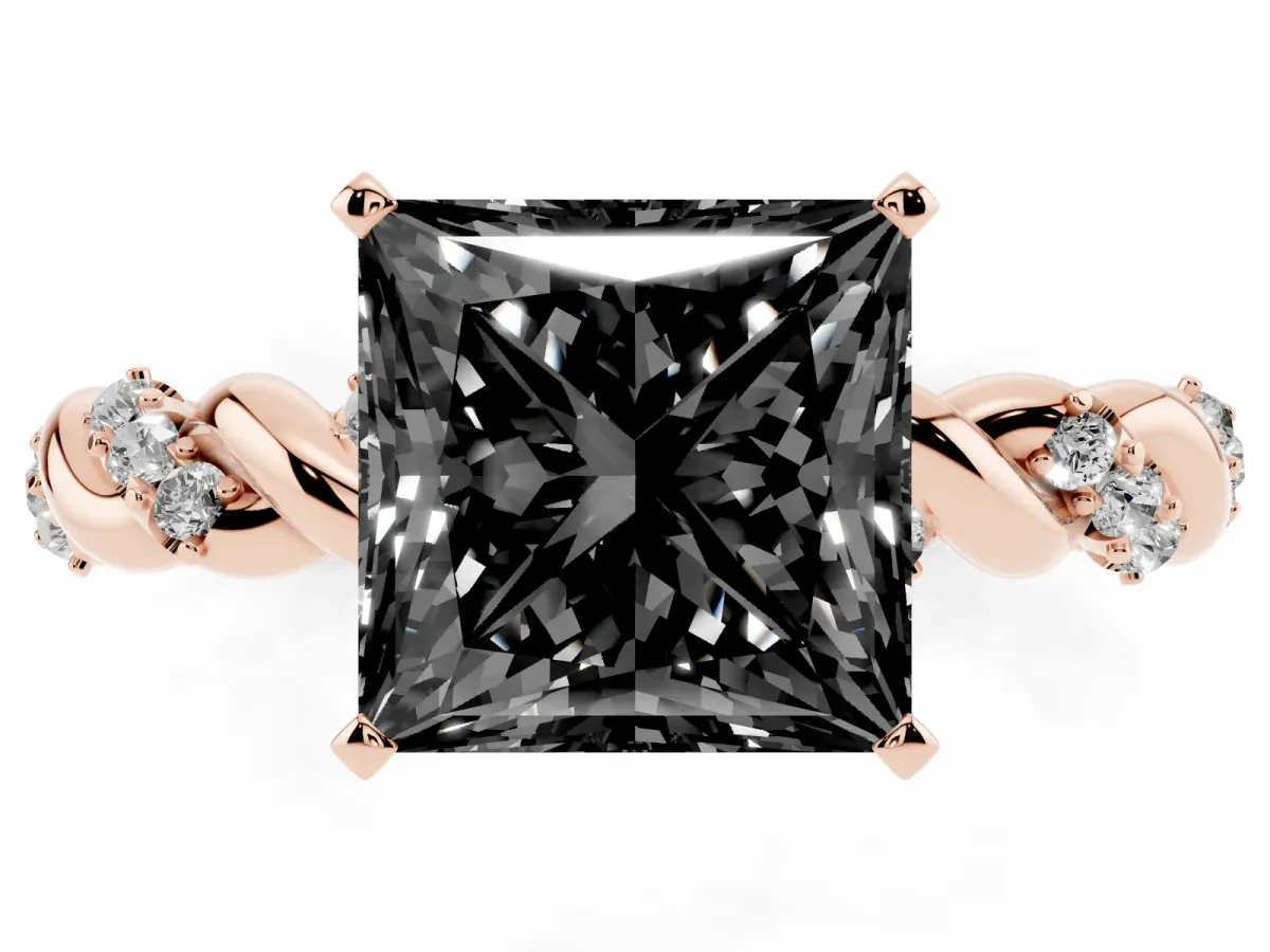 Fancy Black Princess Cut Diamond Solitaire Ring with Twisted Band and Pavé Accents Rose gold