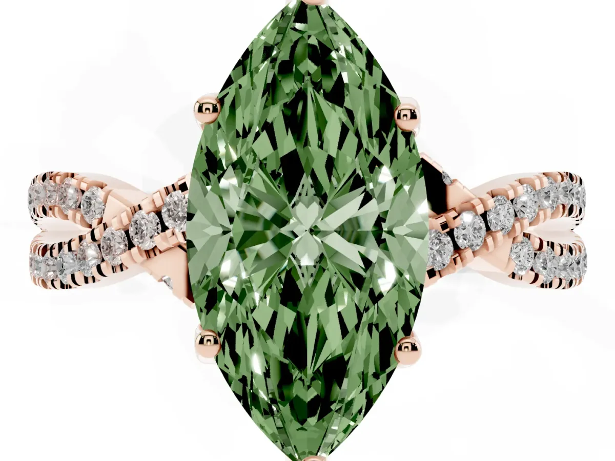 Fancy Green Marquise Cut Solitaire Twist Pave Diamond Engagement Ring with Prong Setting Rose gold