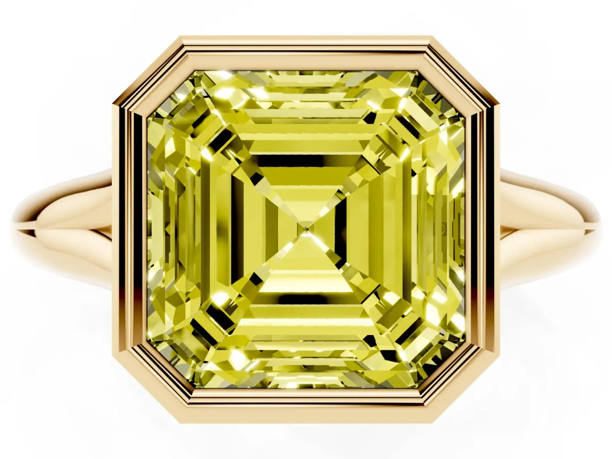 Fancy Yellow Bezel Set Asscher Cut Solitaire Diamond Ring with Smooth Band Yellow gold