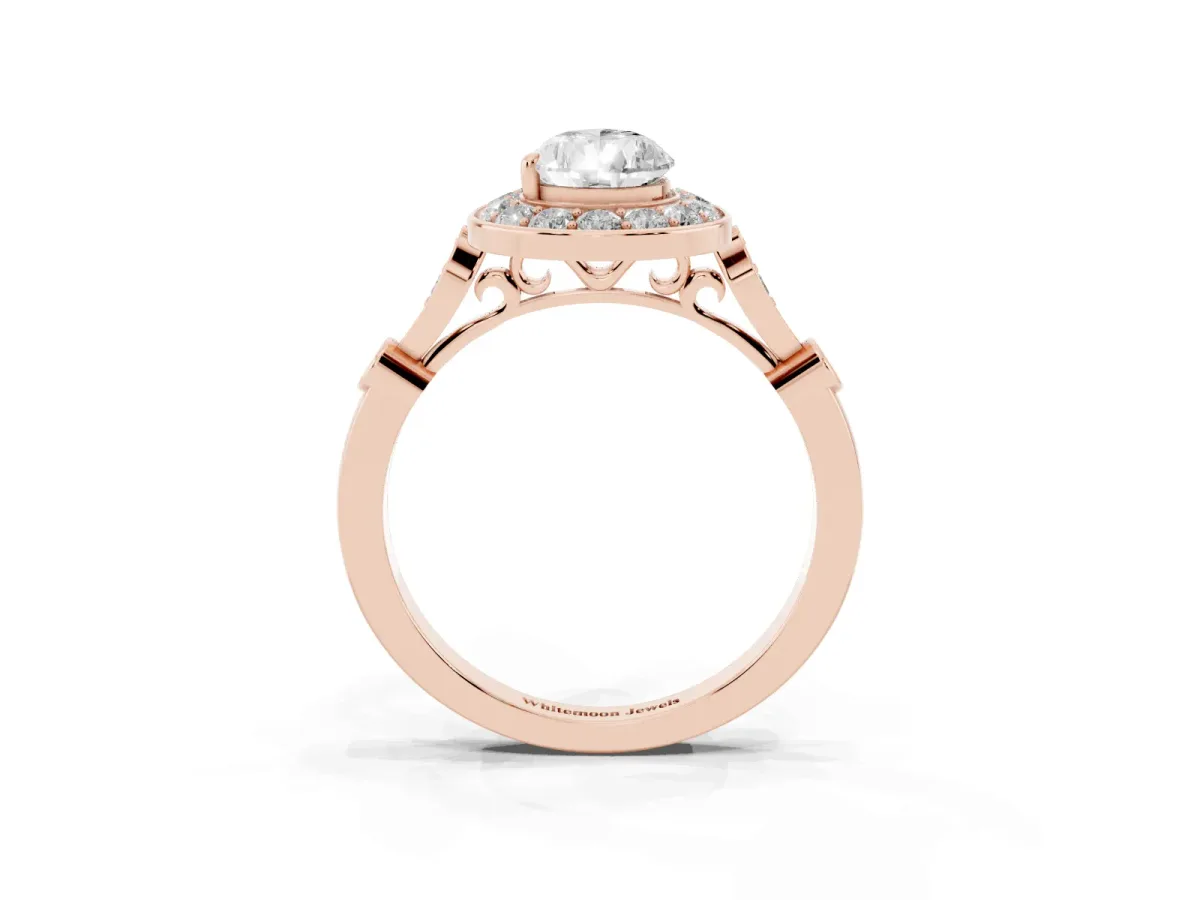 Pear Cut Halo Diamond Engagement Ring with Twisted Band and Four-Prong Setting Rose gold
