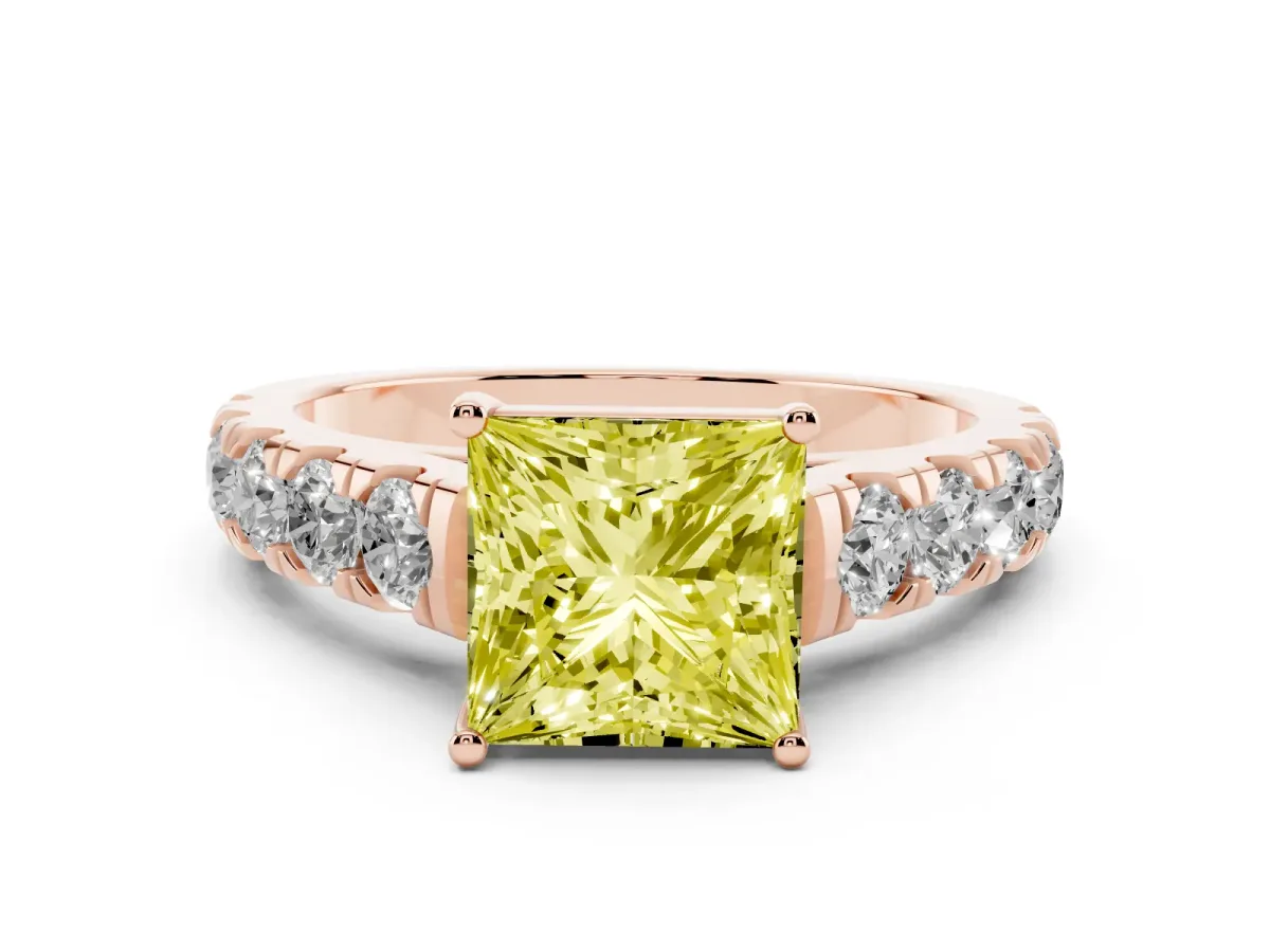 Fancy Yellow Princess Cut Cut Diamond Solitaire Ring with Micro Pave Band and Prong Setting Rose gold