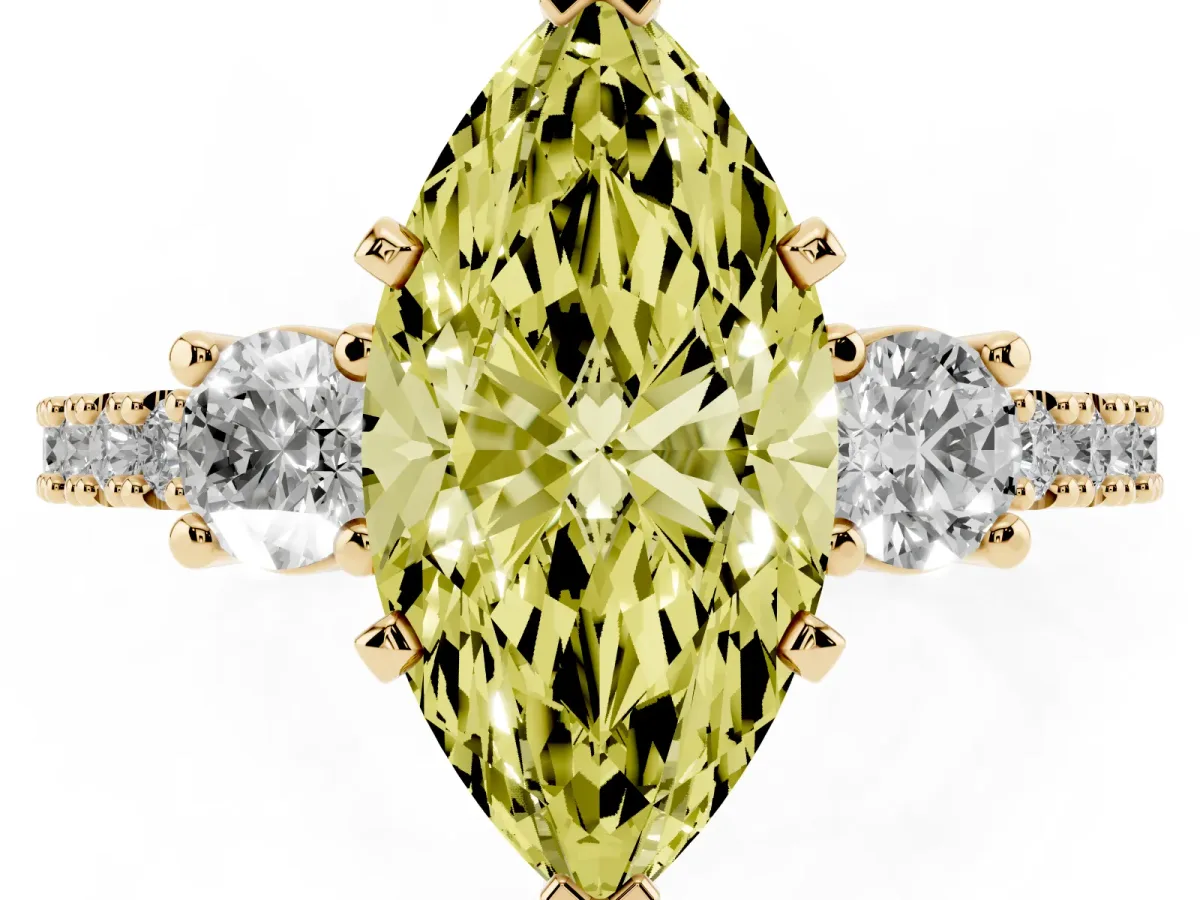 Fancy Yellow Marquise Cut Three-Stone Diamond Pavé Band with Prong Setting Yellow gold
