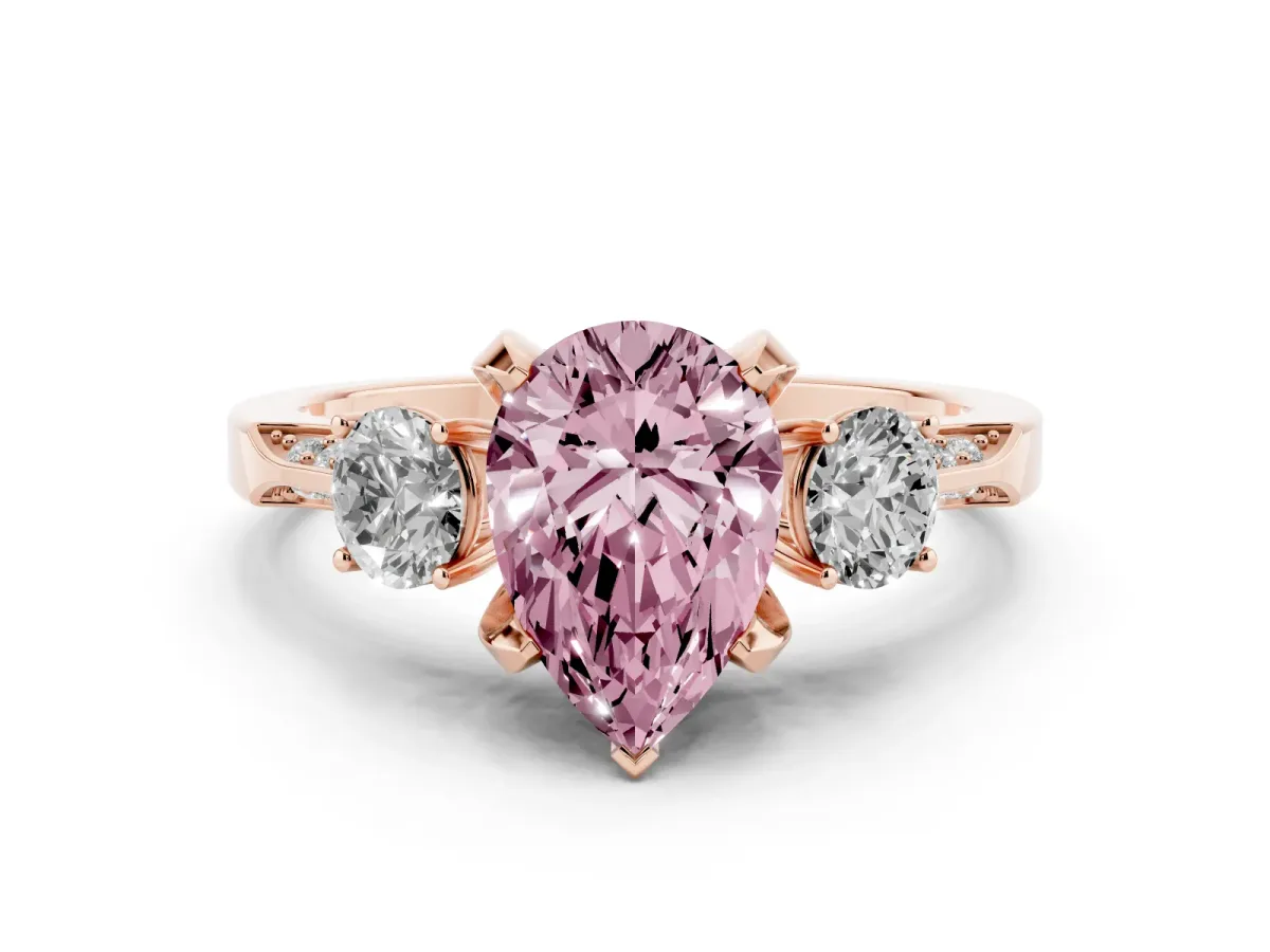 Fancy Pink Pear Cut Brilliant Three-Stone Diamond Ring with Pavé Band and Four-Prong Setting Rose gold