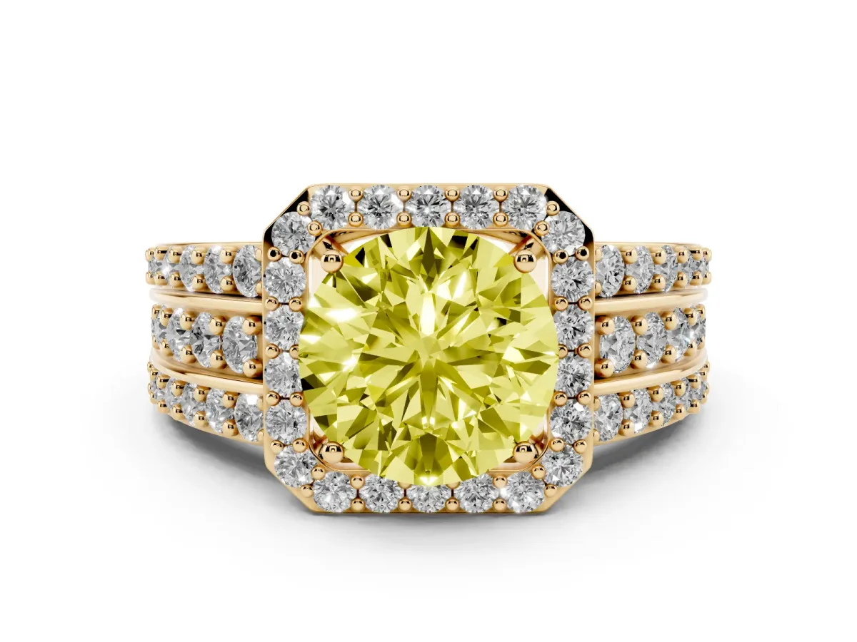 Fancy Yellow Round Cut Halo Diamond Ring with Round Split Shank and Prong Setting Yellow gold