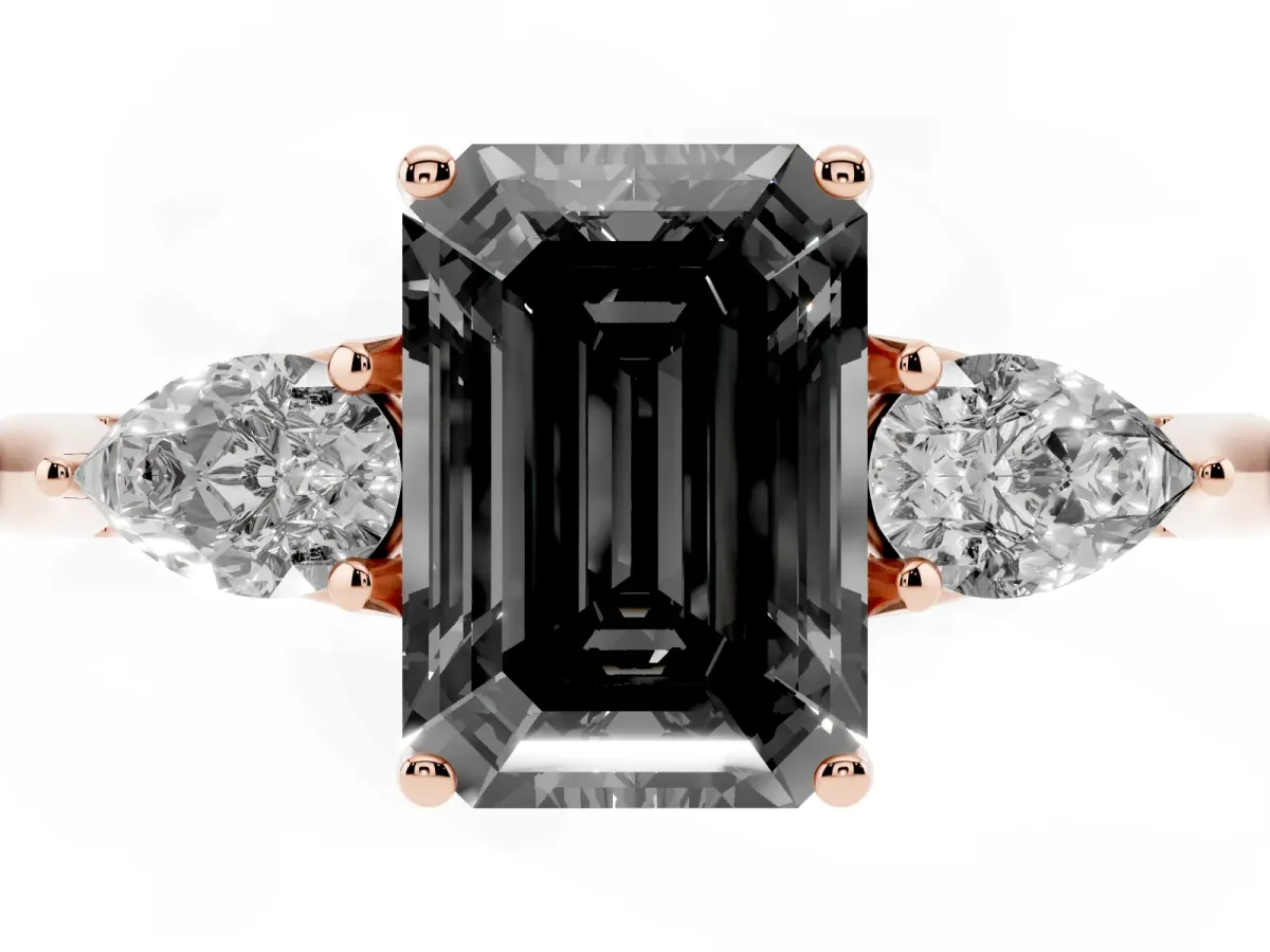 Fancy Black Three-Stone Emerald Cut Brilliant Diamond Solitaire Ring with Tapered Band and Four-Prong Setting Rose gold