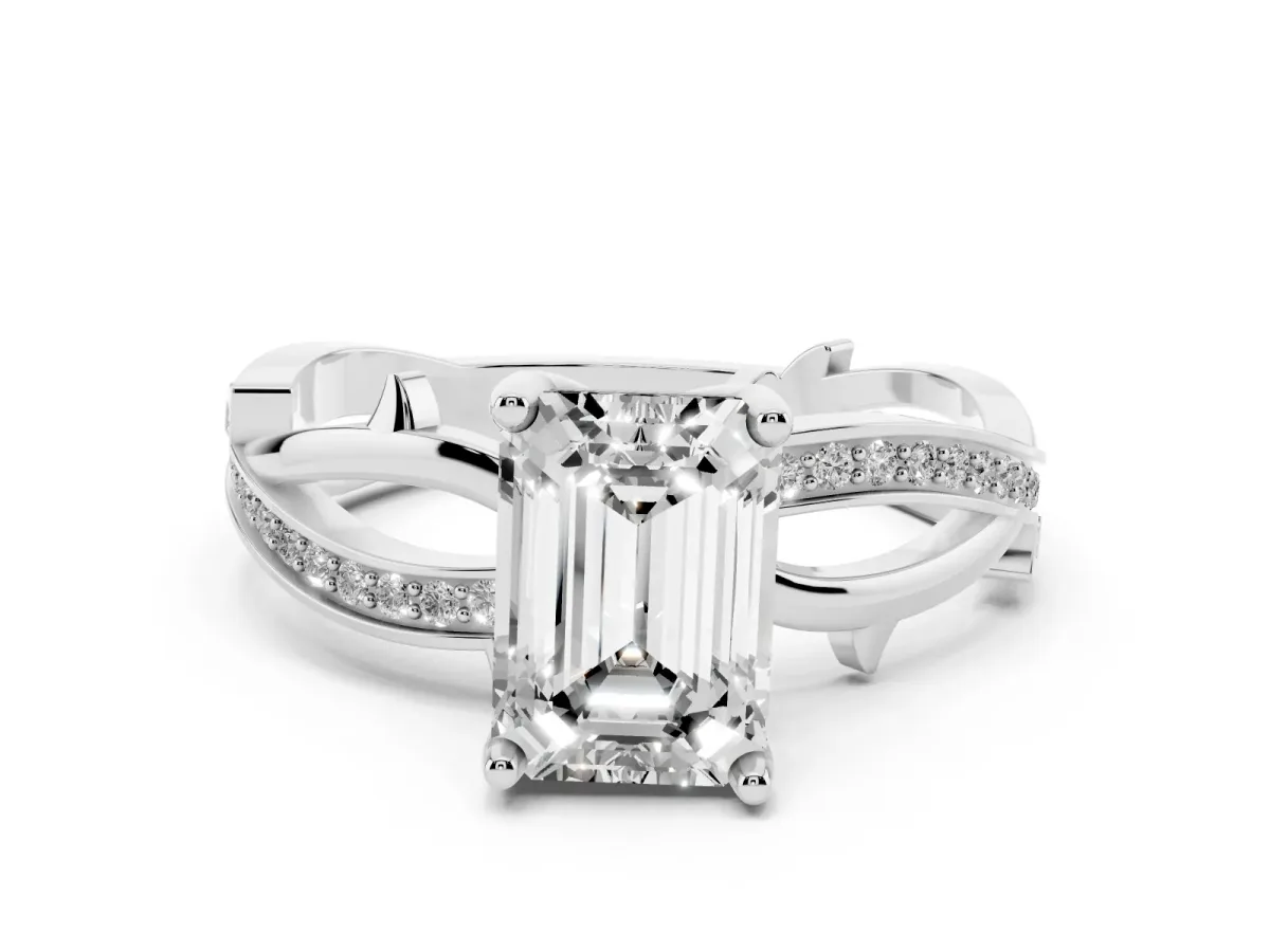 Emerald Cut Solitaire Twist Band with Pavé Accents and Four-Prong Setting Platinum
