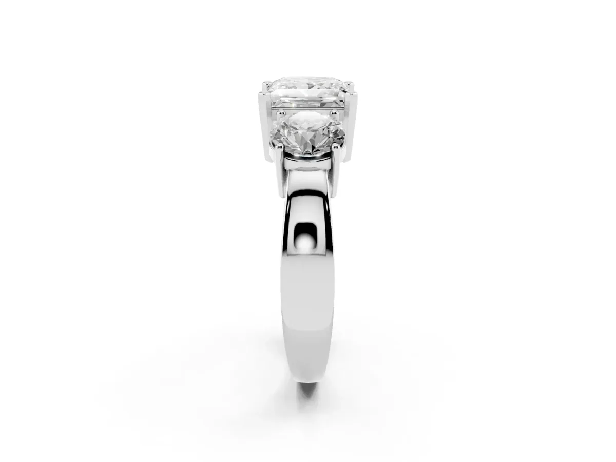 Three-Stone Princess Cut Diamond Ring with Round Side Stones, Classic Band, and Four-Prong Setting White gold