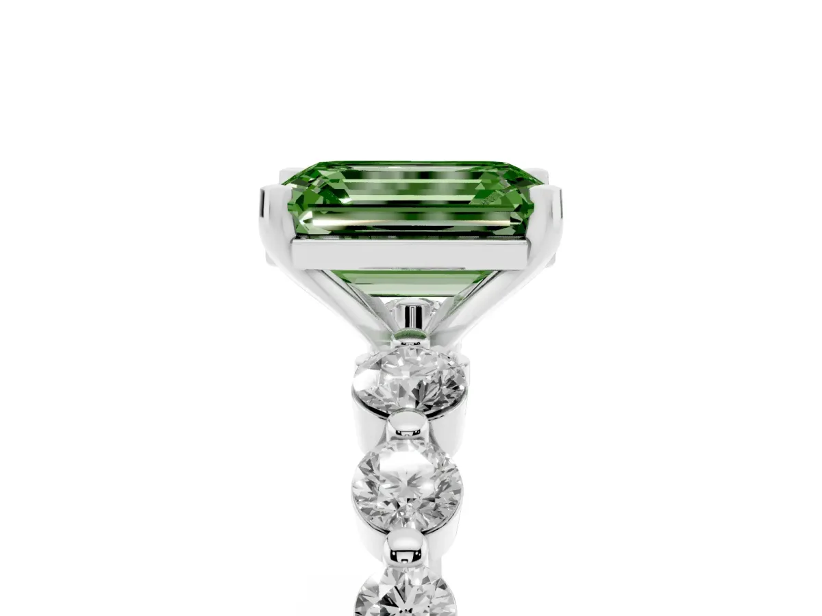 Fancy Green Emerald Cut Solitaire Diamond Ring with Pave Band and Four-Prong Setting Silver