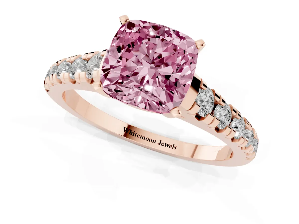 Fancy Pink Cushion Cut Diamond Cathedral Solitaire Ring with Round Pavé Band Rose gold