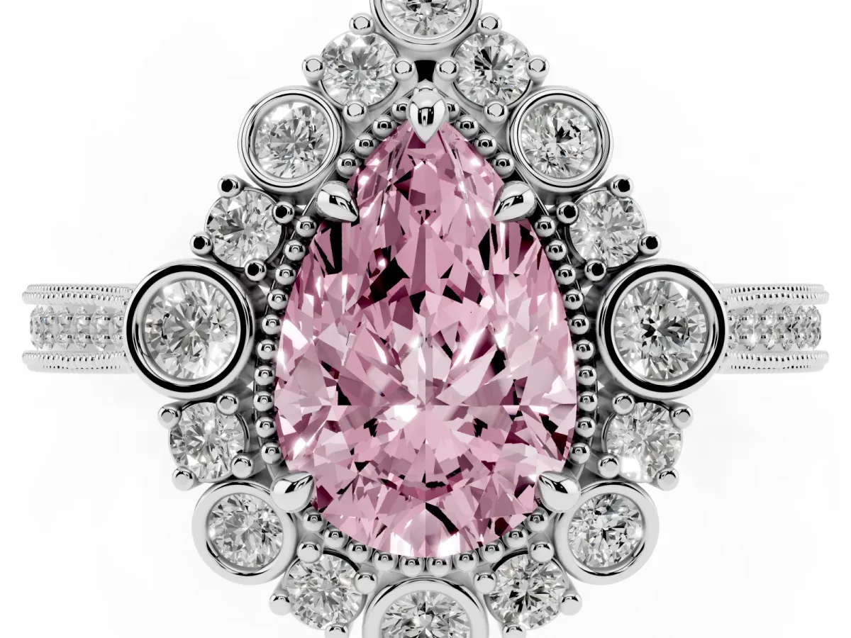 Fancy Pink Pear Cut Halo Milgrain Pave Diamond Ring with Four-Prong Setting Silver