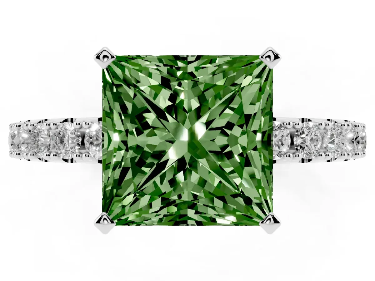 Fancy Green Princess Cut Diamond Solitaire Pavé Band with Four-Prong Setting White gold
